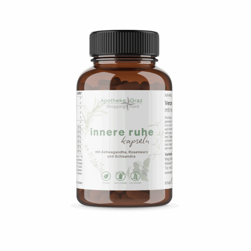 Produktbild der Eigenmarke INNERE RUHE mit Ashwagandha, Rosenwurz und Schisandra